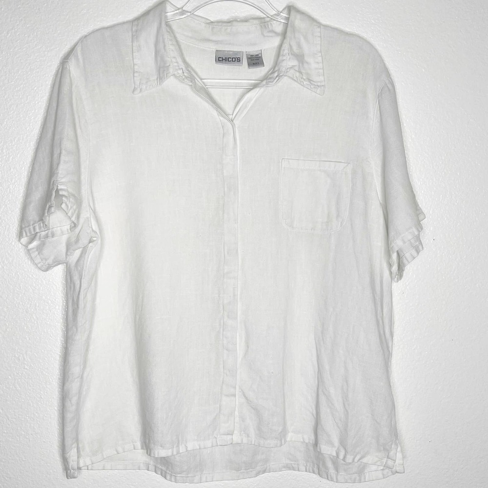 CHICO'S Linen Short Sleeve Button Front Shirt Womens - Picture 3 of 8
